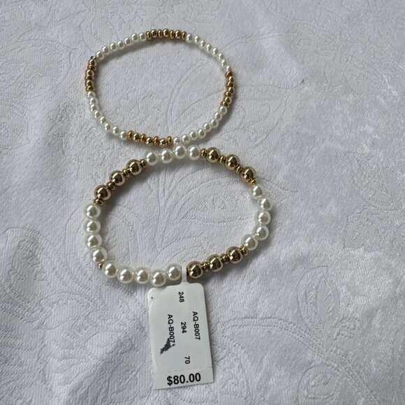 Aqua Pearl Goldtone 2 Pc Stretch Stackable Bracelet 14K Plated NWT $80 - Picture 5 of 9